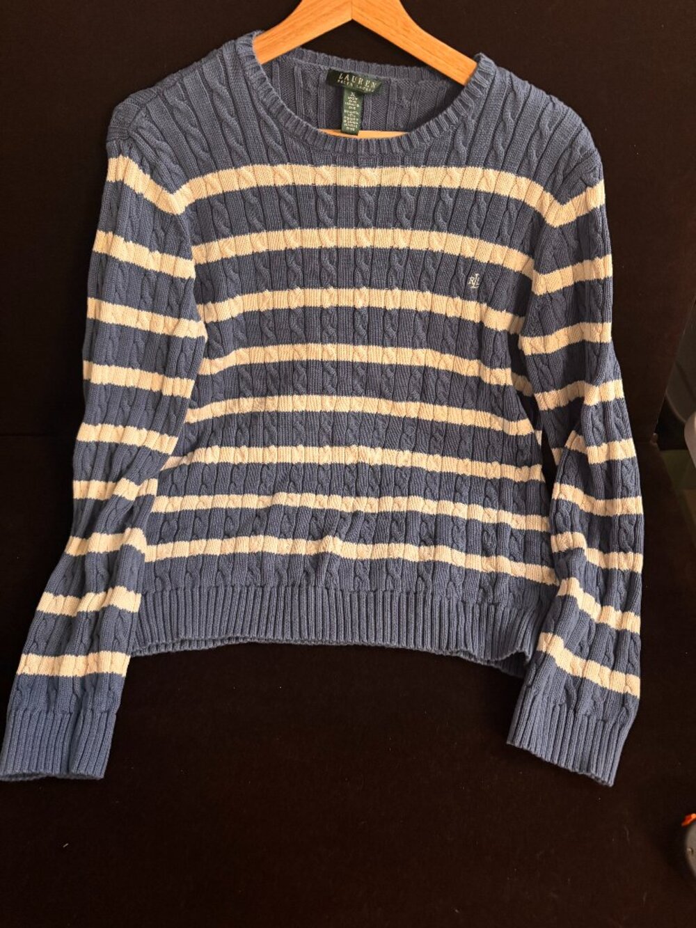 Lauren Ralph Lauren Cable Knit Striped Sweater XL Blue Cream RL Monogram
